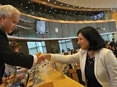 Česká kandidátka do Evropské komise Věra Jourová se 1. října po svém vystoupení před výbory europarlamentu zdraví s šéfem výboru pro právní otázky, europoslancem Pavlem Svobodou.