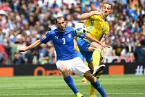 Giorgio Chiellini z Itálie (vlevo) a Zlatan Ibrahimovic ze Švédska.