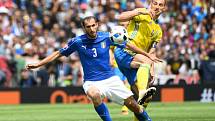 Giorgio Chiellini z Itálie (vlevo) a Zlatan Ibrahimovic ze Švédska.