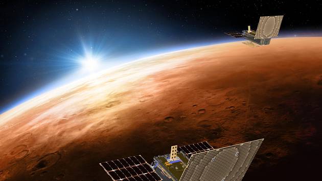 Na ilustračním obrázku modul InSight nad planetou Mars