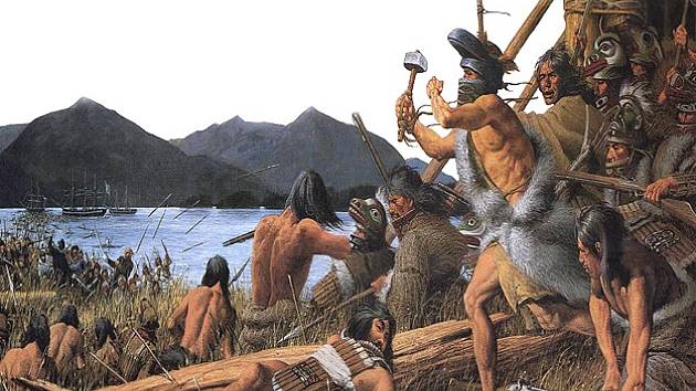 Bitva u Sitky. Obraz Louise S. Glanzmana zobrazuje bojový střet z roku 1804, kdy se Kiks.ádi Tlingitové (místní etnická skupina Indiánů) postavili u ústí řeky Indian na místě dnešního Národního historického parku Sitka ruskému vpádu