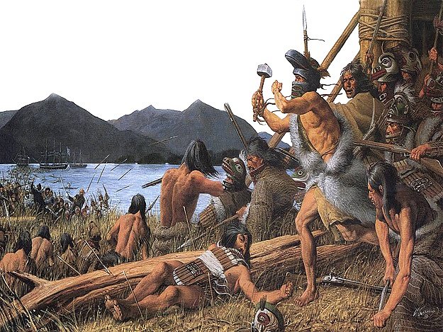 Bitva u Sitky. Obraz Louise S. Glanzmana zobrazuje bojový střet z roku 1804, kdy se Kiks.ádi Tlingitové (místní etnická skupina Indiánů) postavili u ústí řeky Indian na místě dnešního Národního historického parku Sitka ruskému vpádu