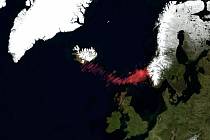 Satelitní snímek vulkanického popela z islandské sopky.