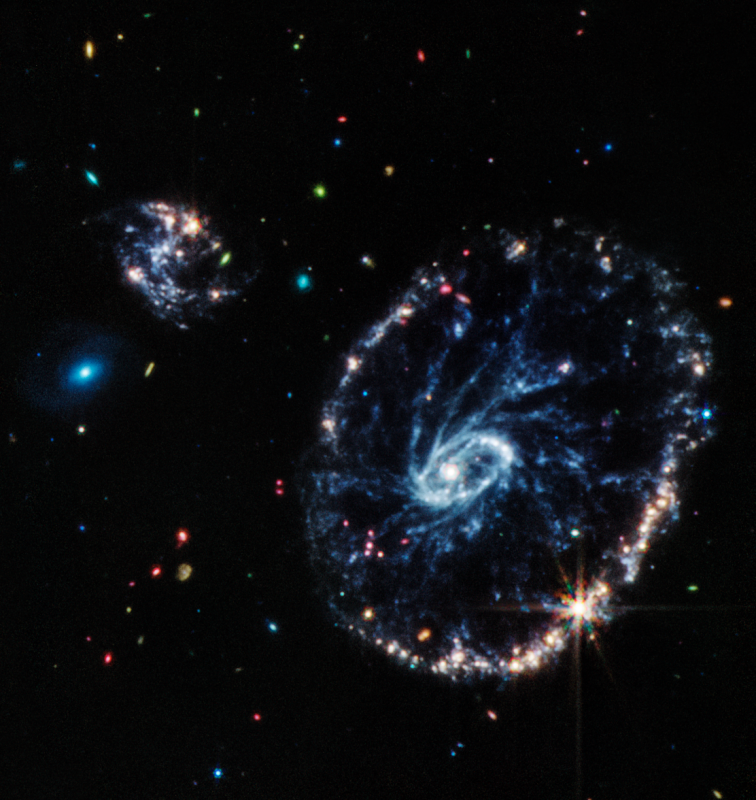 Velká galaxie připomínající kolo od vozu. Doprovází ji dvě menší spirální galaxie přibližně stejné velikosti.