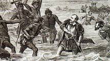 Magalhaesova smrt ztvárněná umělcem z 19. století. Mořeplavce zabili mactanští bojovníci, protože se přidal na stranu jejich nepřítele
