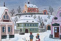 Ladovská zima. Dětské radovánky v zasněžené vesnici patřily k oblíbeným Ladovým tématům, jako na tomto akvarelu z válečného roku 1944.