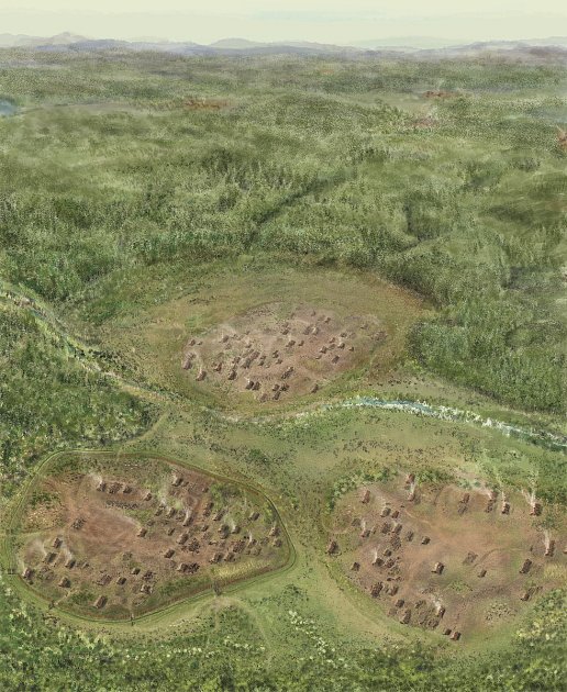 Ilustrace vzhledu původního osídlení u slovenského města Vráble z doby kamenné. Na jihozápadě oblasti nalezli nyní archeologové masový hrob, ve kterém kostrám chyběly lebky.