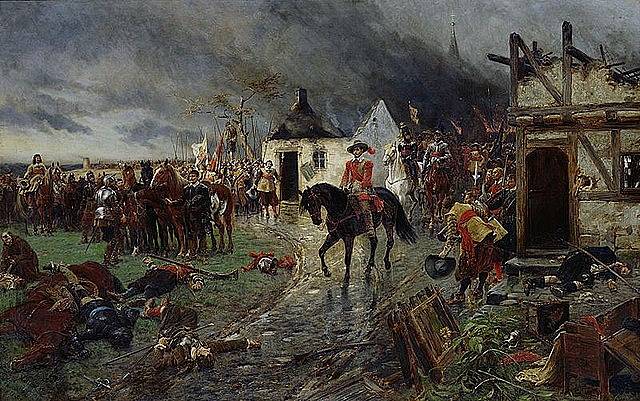 Scéna z třicetileté války, olej na plátně od Ernesta Croftse (1847–1911)