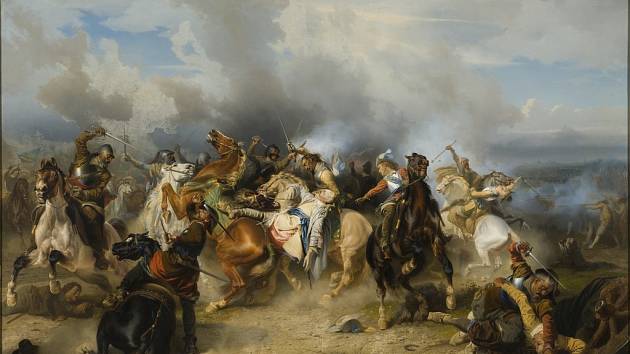 Smrt švédského krále Gustava Adolfa v bitvě u Lützenu na obraze švédského malíře Carla Wahlboma