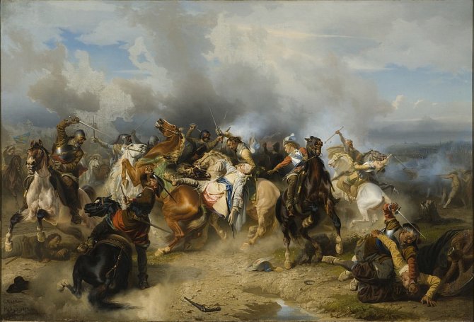 Smrt švédského krále Gustava Adolfa v bitvě u Lützenu na obraze švédského malíře Carla Wahlboma