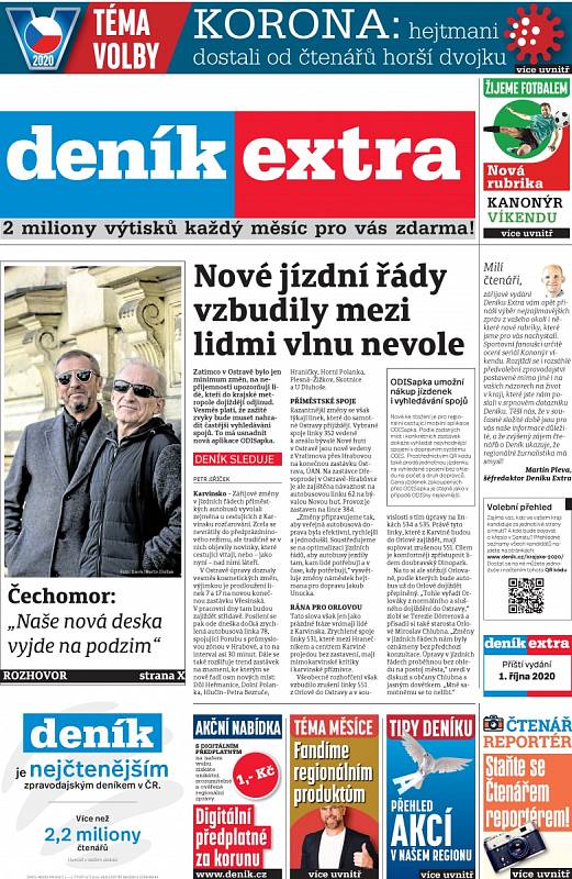 Titulní strana Deníku Extra, 12. září 2020