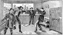 Vyobrazení jedné z vražd, jejíž spáchání je připisováno Frankovi a Jessemu Jamesovým.