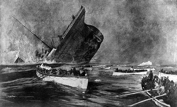 Potápějící se Titanic, ilustrace z časopisu Graphic Supplement z 27. dubna 1914. Vrak parníku objevil v roce 1985 oceánograf Robert Ballard.
