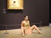  Lucemburská umělkyně Deborah de Robertisová v minisukni a bez kalhotek nakráčela ke slavnému obrazu Gustava Courberta Původ světa z roku 1866, sedla si pod něj a doširoka roztáhla nohy.