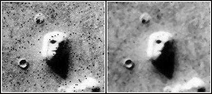 Původní snímek oblasti Cydonia na planetě Mars z roku 1976, který vzrušil svět - nachází se snad na jiné planetě obří reliéf lidské tváře?
