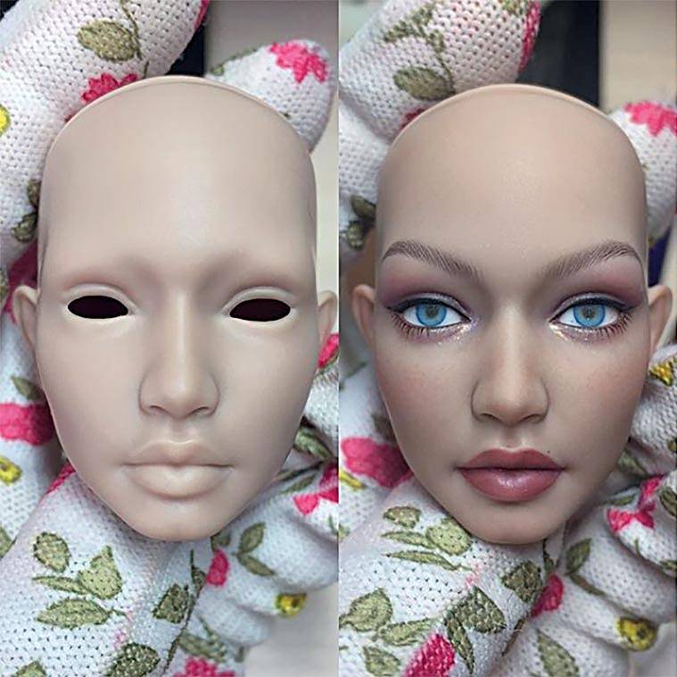 Přední půlka hlavy panenky před face-upem vypadá trochu jako z hororu. Když se dosadí oči a přidají barvy, je to jiné kafe.