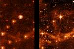 Srovnání jasnosti a ostrosti snímků ze Spitzerova (vlevo) a Webbova vesmírného dalekohledu.
