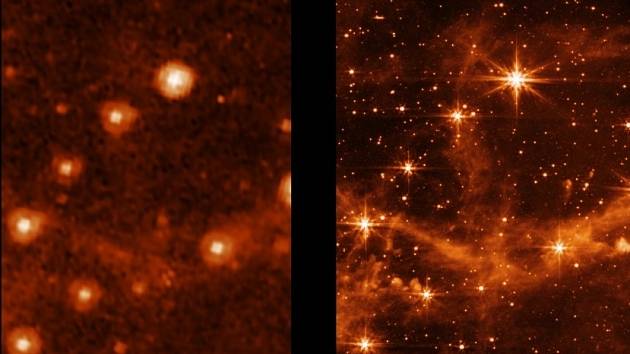 Srovnání jasnosti a ostrosti snímků ze Spitzerova (vlevo) a Webbova vesmírného dalekohledu.