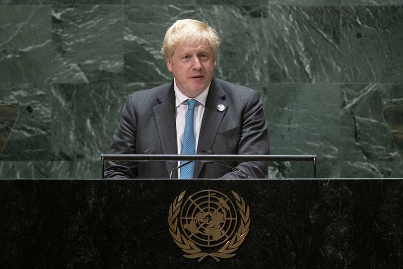 Britský premiér Boris Johnson na zasedání Valného shromáždění OSN v New Yorku 23. září 2021