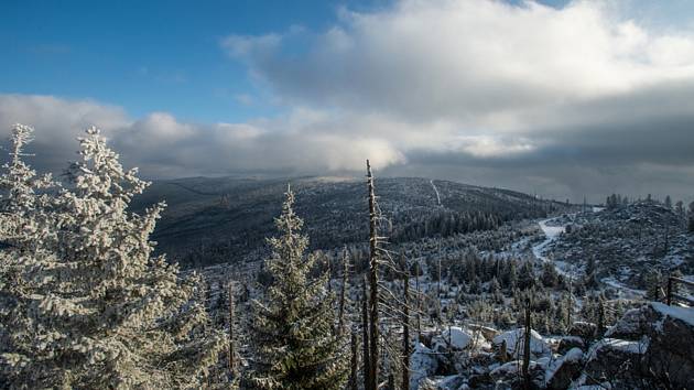 Poprašek přírodního sněhu na vrcholu šumavského Třístoličníku na snímku pořízeném 2. prosince 2019
