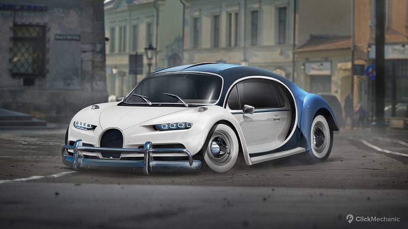 Bugatti Chiron a Volkswagen Brouk. Zde vidíme jakýsi prapodivný pakt, jenž očividně dává najevo vazby obou vozů na koncern VW. Jde o tak bizarní splynutí designových prvků obou vozů, že člověk ani neví, kde začít.