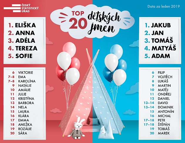 TOP 20 - Nejčastější česká jména pro kluky a holčičky v lednu 2019
