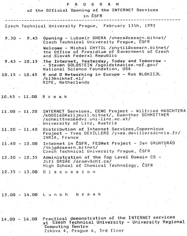 Pozvánka na slavnostní připojení ČSFR k Internetu, 13.2.1992. Obrazový záznam z události neexistuje