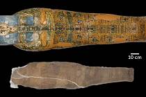 Dekorativně zdobená rakev k bahnem obalené mumii nepatřila