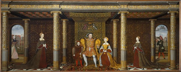 Rodina anglického krále Jindřicha VIII. na obraze z roku 1545. Zleva doprava: Alžběta z Yorku, Marie, Eduard, Jindřich VIII., Jana Seymourová (ztvárněná posmrtně), Alžběta a dvorní blázen Will Somers
