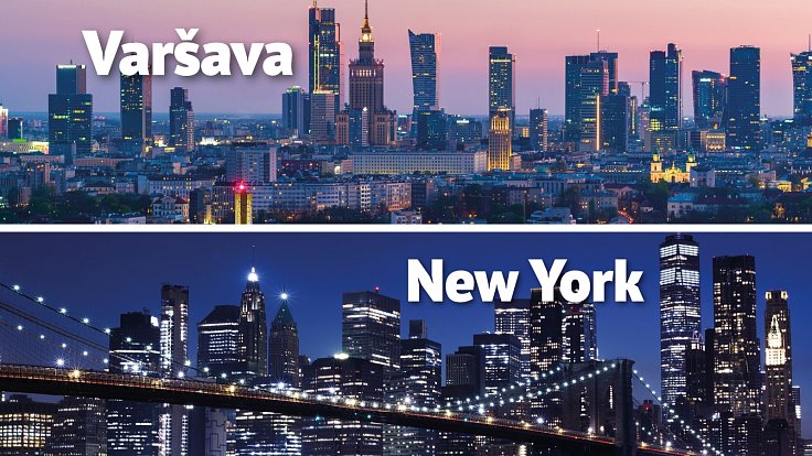 Porovnání části panoramy Varšavy a New Yorku. Samozřejmě New York je ve skutečnosti mnohem větší, než se ze snímku může zdát.