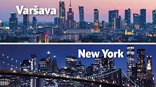 Porovnání části panoramy Varšavy a New Yorku. Samozřejmě New York je ve skutečnosti mnohem větší, než se ze snímku může zdát.