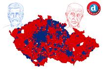 Povolební mapa Česka po prvním kole prezidentských voleb 2023