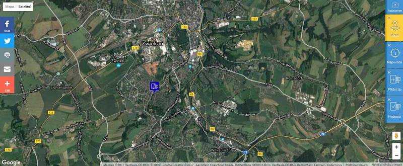 Cvikov (Zwickau), Německo. Přestože ikonu radaru nelze umístit mimo území ČR, někomu se to nakonec podařilo. Možná tak policejní hlídky vyrazí potírat zákon i za hranice.