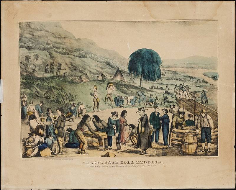 Kalifornští zlatokopové na dobové litografii, zachycující důlní operace na západním pobřeží řeky Sacramento