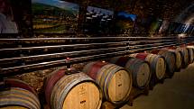 Zrání vína v sudech vinařství Domäne Wachau. Leží na okraji historického městečka Dürnstein. Vinařská turistika v údolí Dunaje.