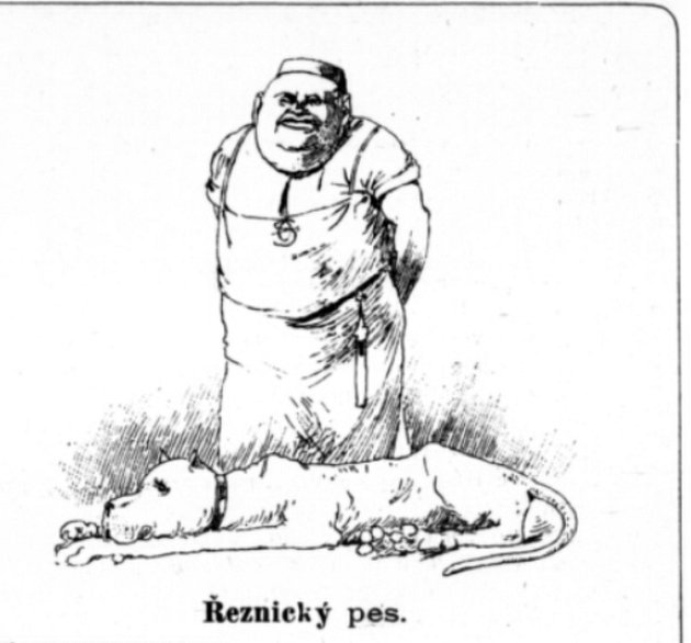 Dobová kresba řezníka a jeho psa v periodiku Nový Paleček z roku 1891: