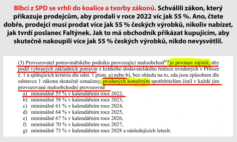 Diskutéři se také pozastavili nad tím, že stát přikazuje prodejcům ne, kolik procent české produkce mají nabídnout, ale kolik jí mají prodat