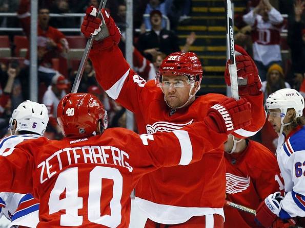 Marek Židlický se raduje z premiérového gólu za Detroit Red Wings.