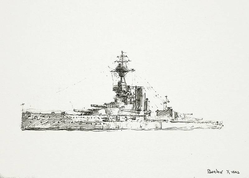 Britská válečná loď Benbow o Vánocích roku 1918, jak neznámý autor obrázku zaznamenal přímo na kresbě vpravo dole. V jejím lanoví lze postřehnout vánoční stromky