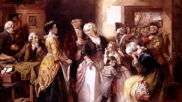 Zatčení Ludvíka XVI. a Marie Antoinetty ve Varennes. Král a královna, jejich děti i doprovod byli převlečení v poddanském oblečení. Autorem obrazu je Thomas Falcon Marshall. Foto: Wikimedia Commons, volné dílo