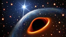 Umělecká ilustrace systému za předpokladu, že masivní hvězdný průvodce je černá díra. Nejjasnější hvězda v pozadí je radiový pulsar