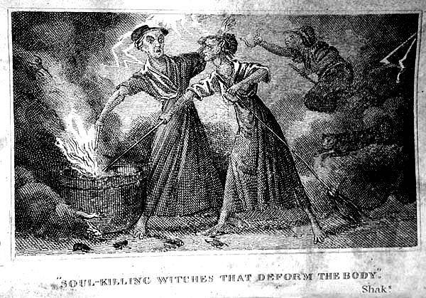 Čarodějky zabíjející duše, které deformují tělo, kresba Roberta Calefa z roku 1828