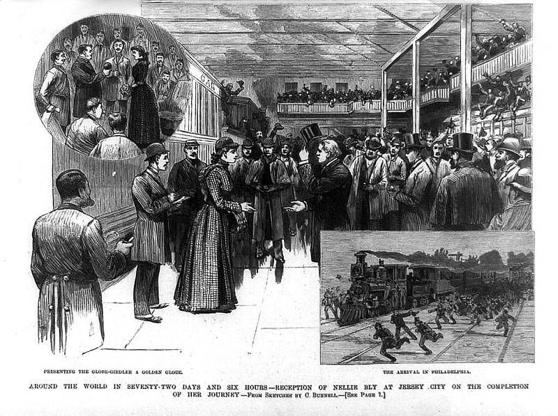 Dřevoryt zachycující návrat Nellie Blyové z cesty kolem světa zpět do New Jersey, otištěný 8. února 1890 ve Frank Leslie's Illustrated News