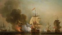 Potopení galeony San José, takzvaná Wagerova akce, v roce 1708 poblíž kolumbijského karibského přístavu Cartagena, olejová malba.