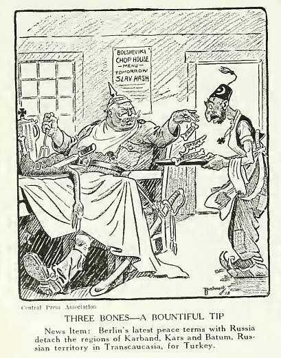 Tři kosti — štědrá nabídka, politická karikatura z roku 1918 od amerického kreslíře E. A. Bushnella