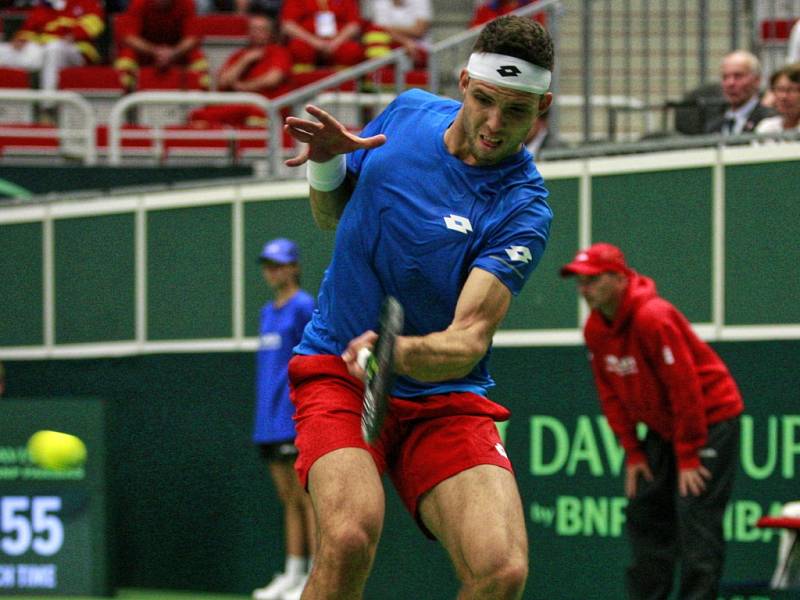 Jiří Veselý ve čtvrtfinále Davis Cupu proti Francii.