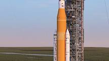 Raketa SLS, která společně s modulem Orion vynese na Měsíc astronauty při programu Artemis.