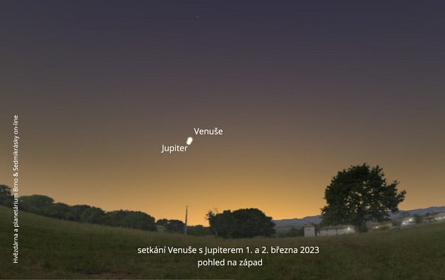 Konjunkce Venuše a Jupiteru z 1. března 2023 na vizualizaci vytvoření Hvězdárnou a planetáriem Brno.