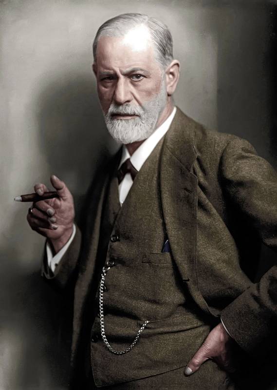 Zakladatel psychoanalýzy Sigmund Freud na snímku od německého fotografa Maxe Halberstadta. Fotografie z roku 1921 je kolorována