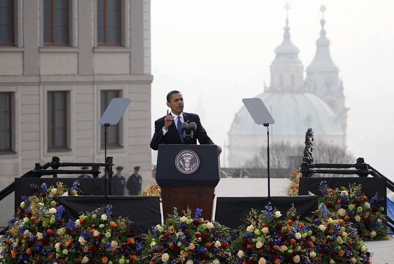 Barack Obama při svém projevu na Pražském hradě